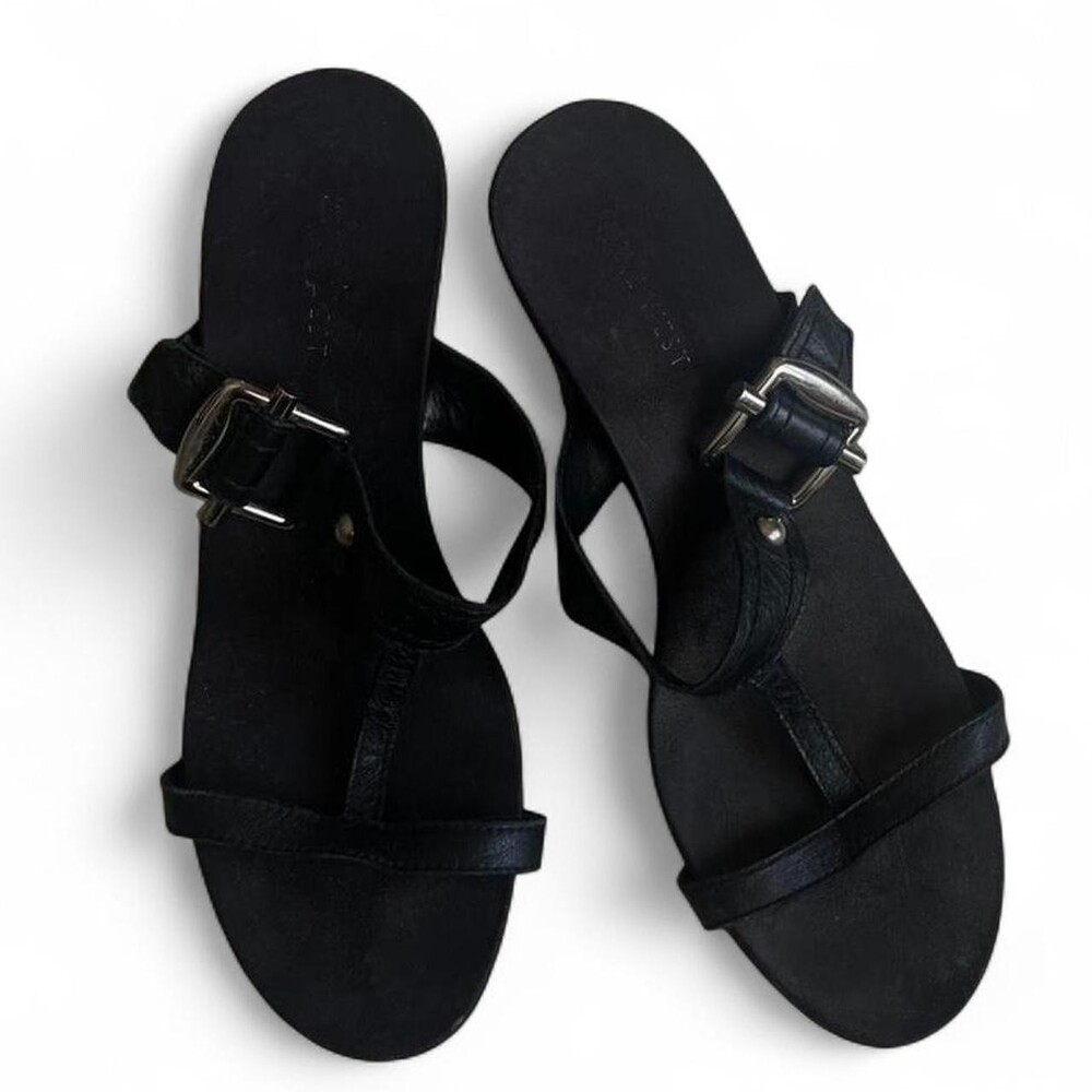 Vintage Nine West Black Leather Sandal Wedge Heels with Silver Buckles
